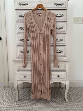 Volcom Long Ribbed Button-Up Cardigan in Taupe